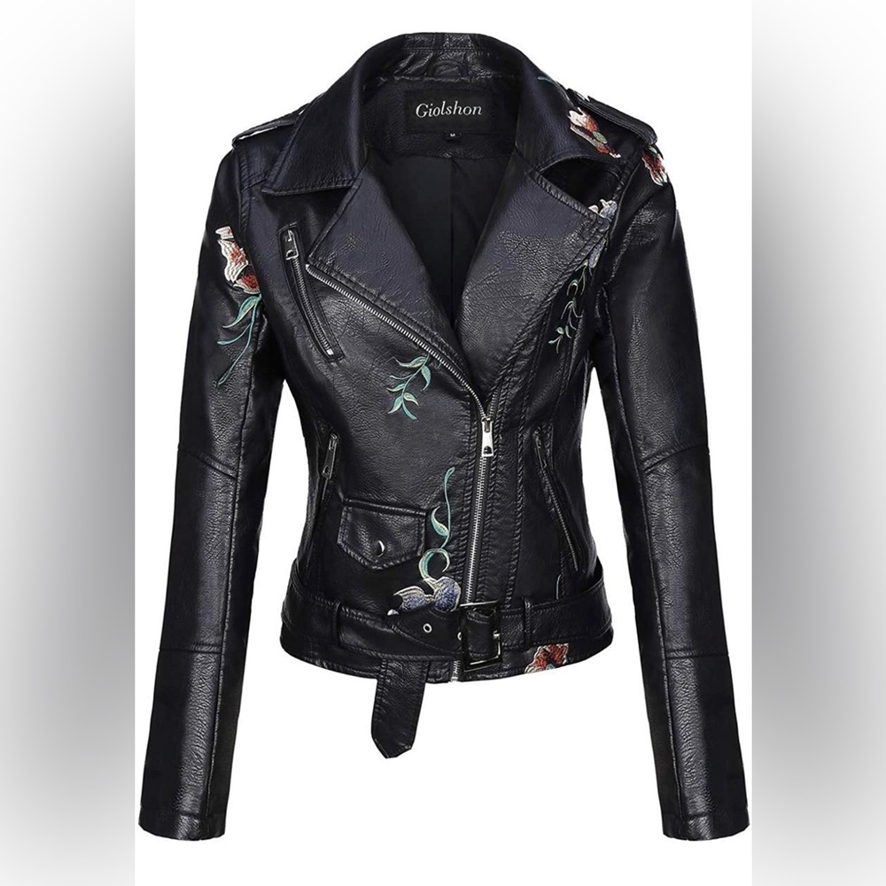 Giolshon Faux Leather Short Women Motorcycle Biker Casual Slim Bomber Coat